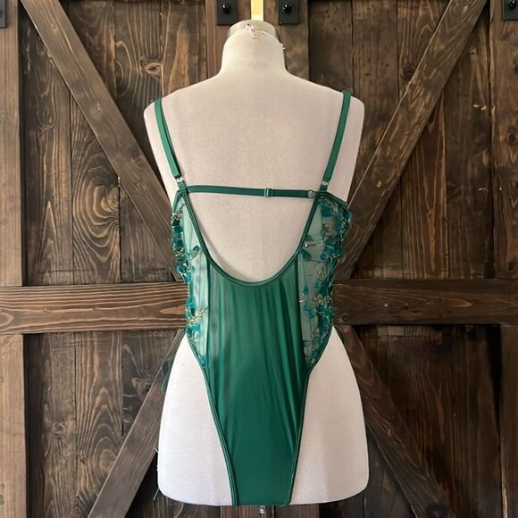 Mesh Sheer Lace-Up Embroidered Teddy Lingerie Snap Crotch Bodysuit - Picture 6 of 14